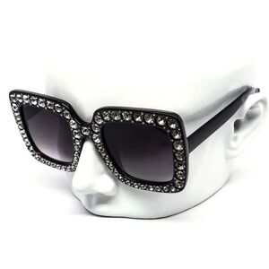 Rhinestone Sunglasses Women's Fashion Square‎ Black Frame Shades UV400 Protect